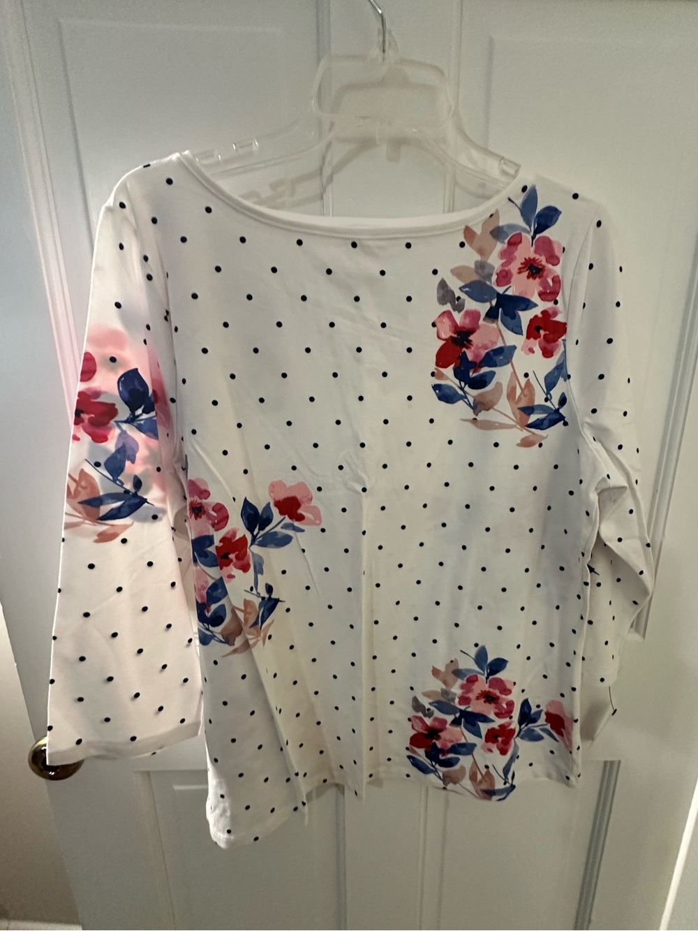 Talbots White Polka Dot Long Sleeve Top with Navy and Pink Floral Print